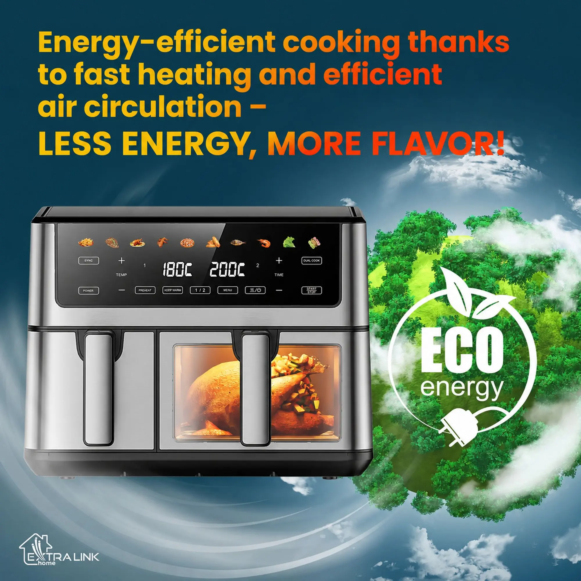 Multifunctional Extralink oil-free fryer with dual basket and digital display, standing in the kitchen
