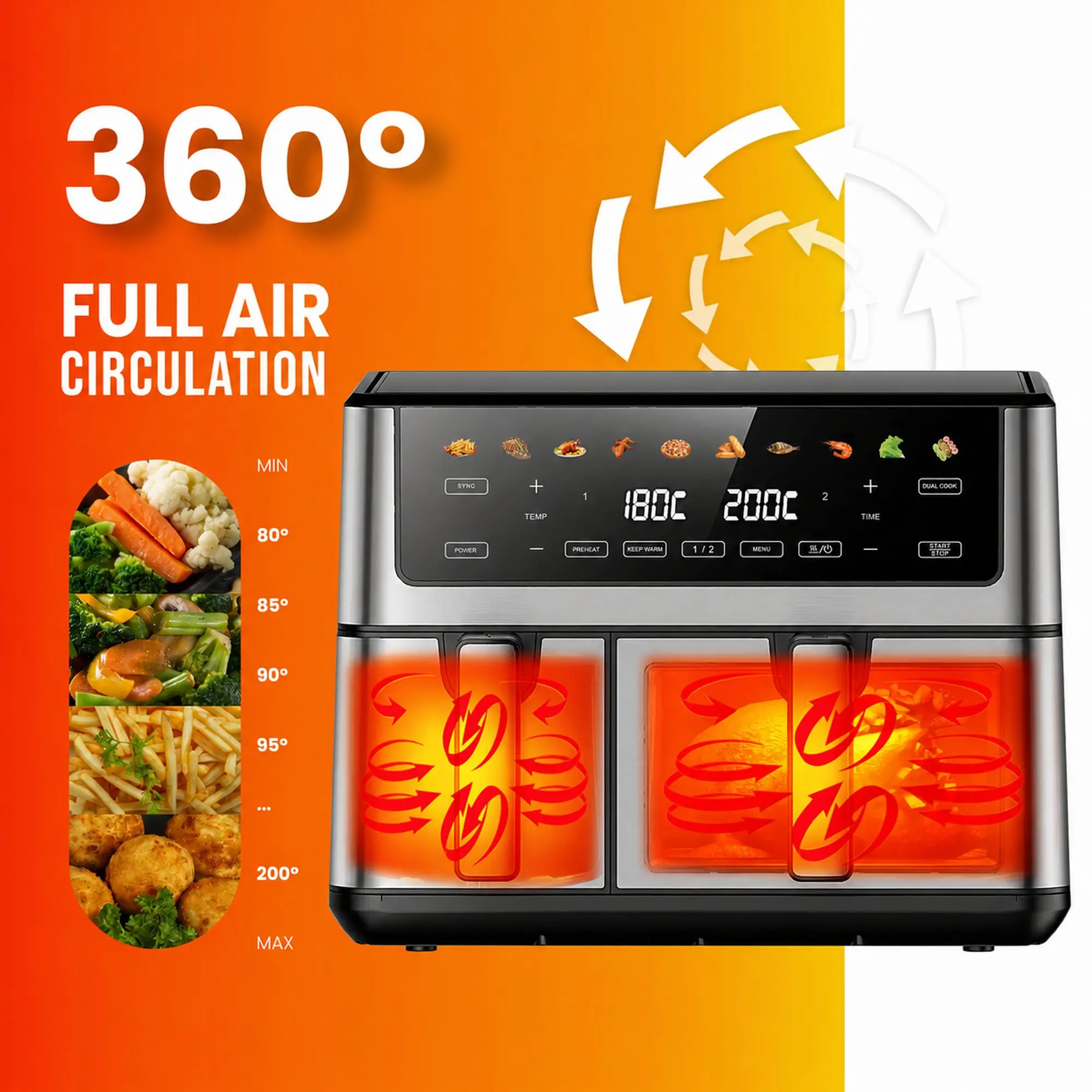 Extralink oil-free fryer with two independent compartments, touch control panel, ready chicken and chips