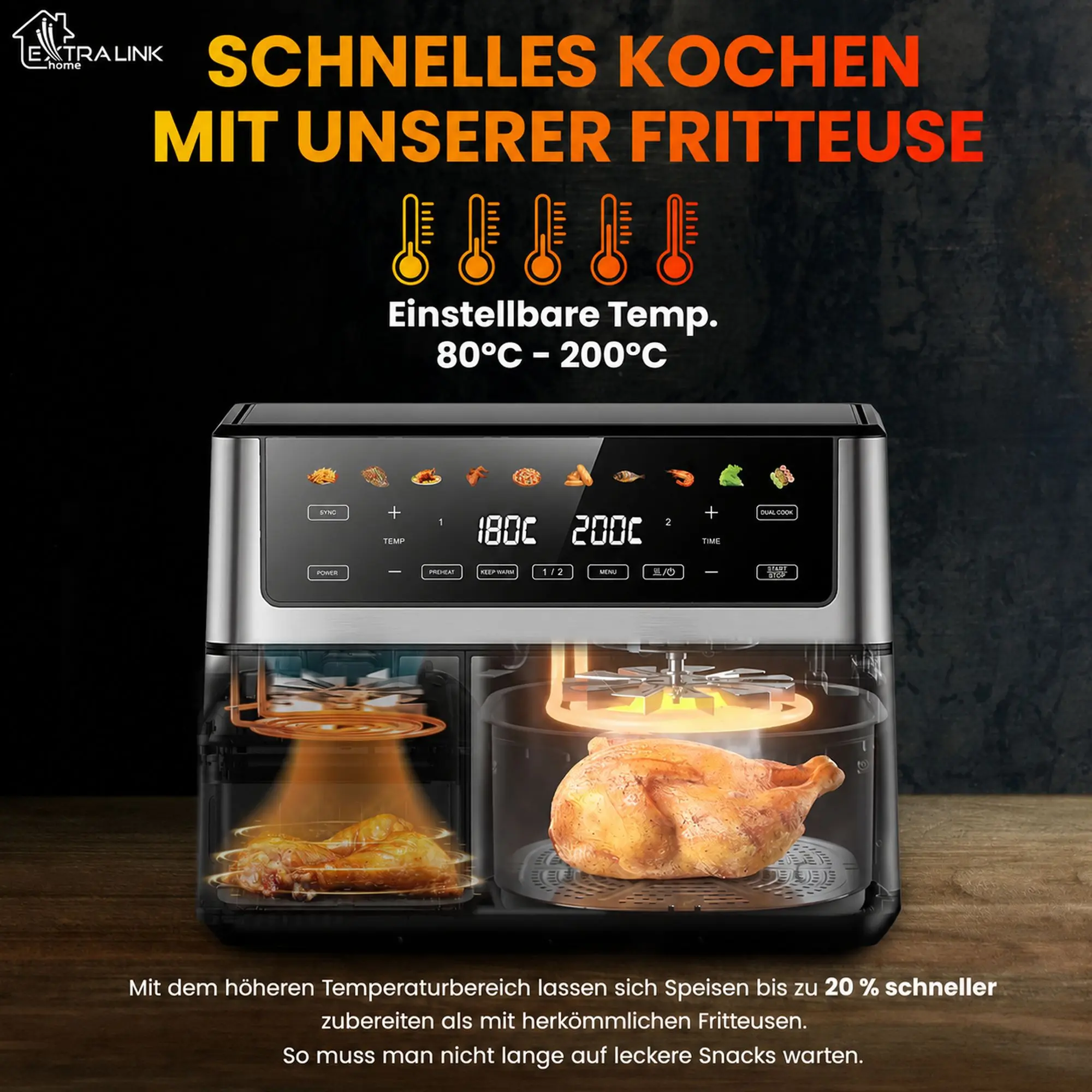 Querschnitt der Extralink-Fritteuse mit Doppelkorb, der das Garen von H&auml;hnchen und Kartoffeln mit Hei&szlig;luft zeigt