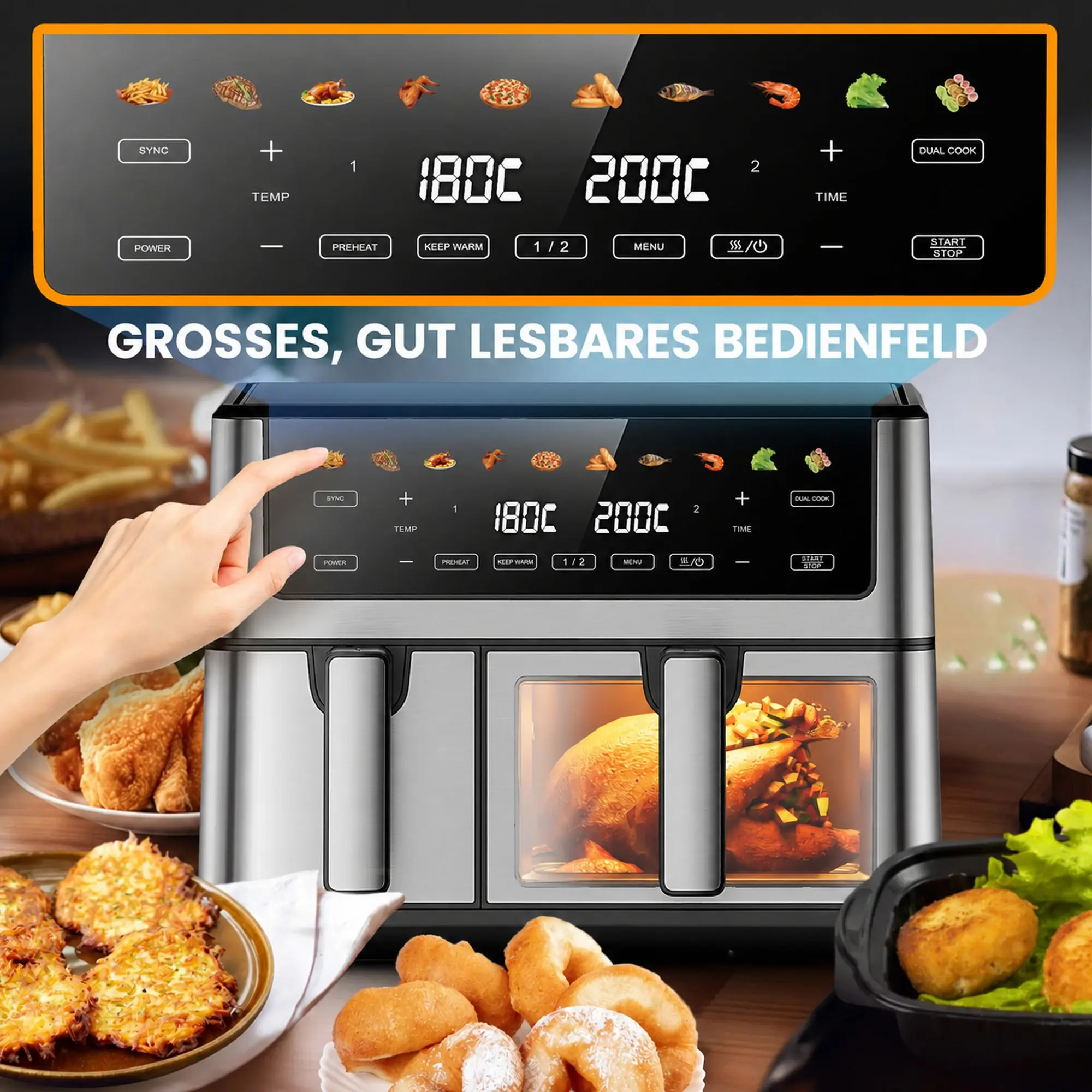 Multifunktionale fettfreie Fritteuse Extralink-sj-1000-pro mit Doppelkorb und digitalem Display, stehend in der K&uuml;che