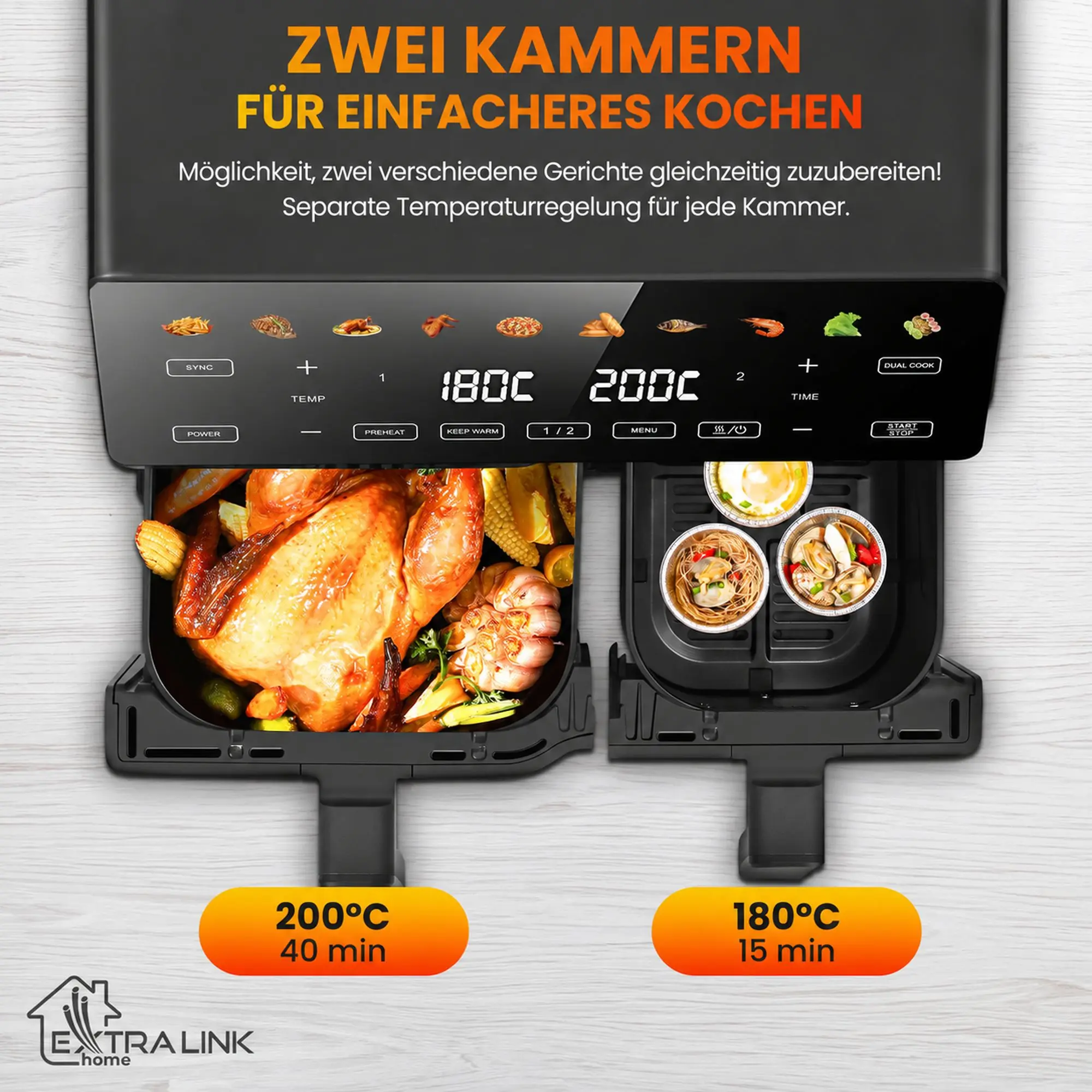 Extralink-Fritteuse mit Doppelkorb, ein Finger ber&uuml;hrt das Bedienfeld und verschiedene fettfreie Gerichte