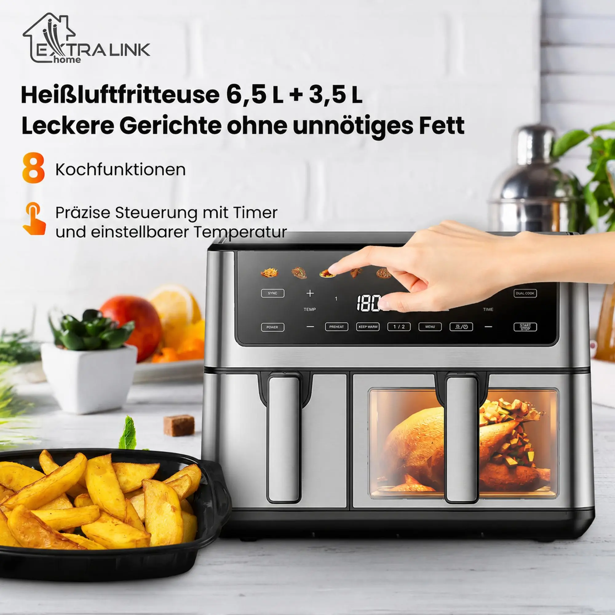 Fettfreie Fritteuse Extralink mit zwei unabh&auml;ngigen Kammern, Touch-Bedienfeld, fertiges H&auml;hnchen und Pommes