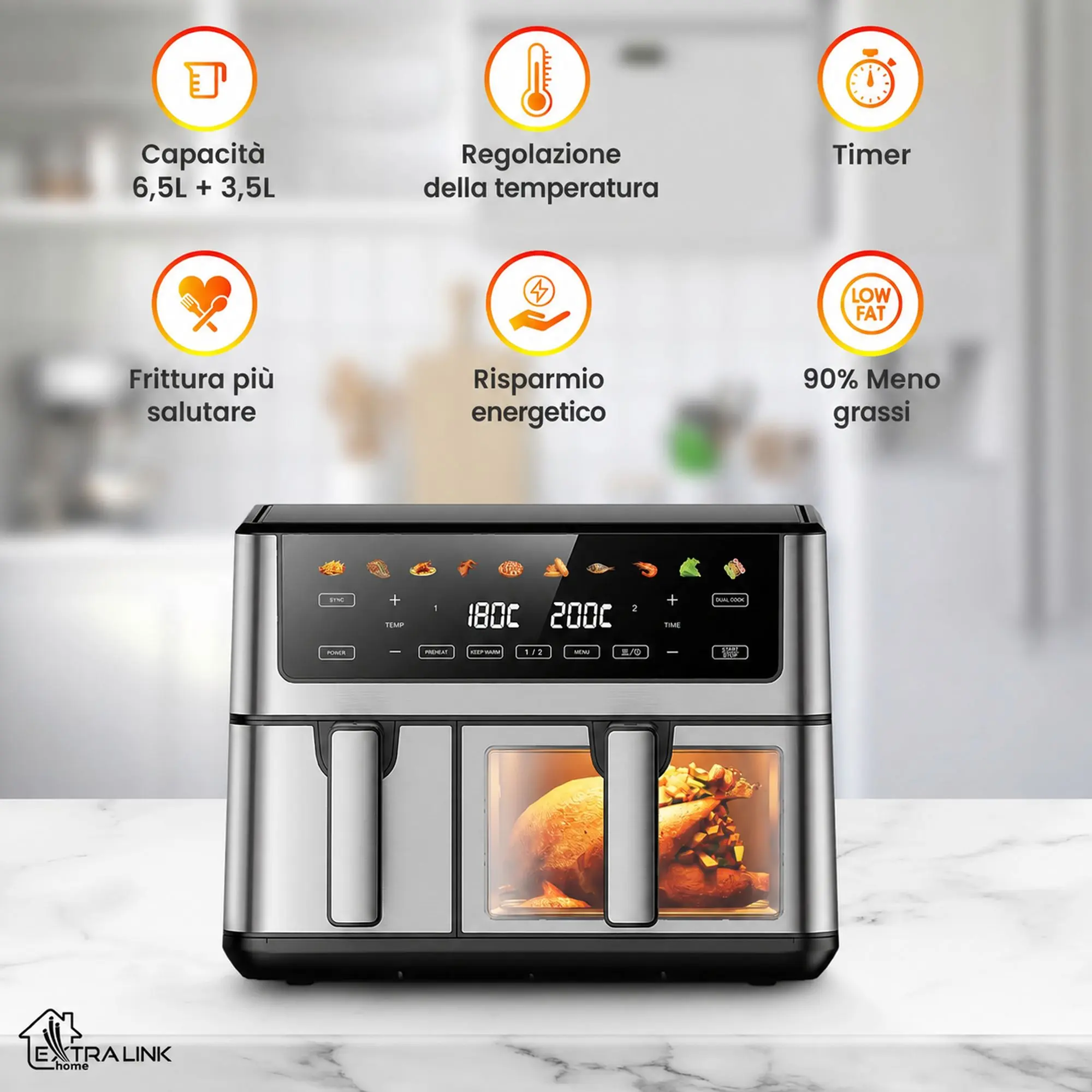 Friggitrice ad aria Extralink con due camere indipendenti, pannello di controllo touch, pollo e patatine pronti