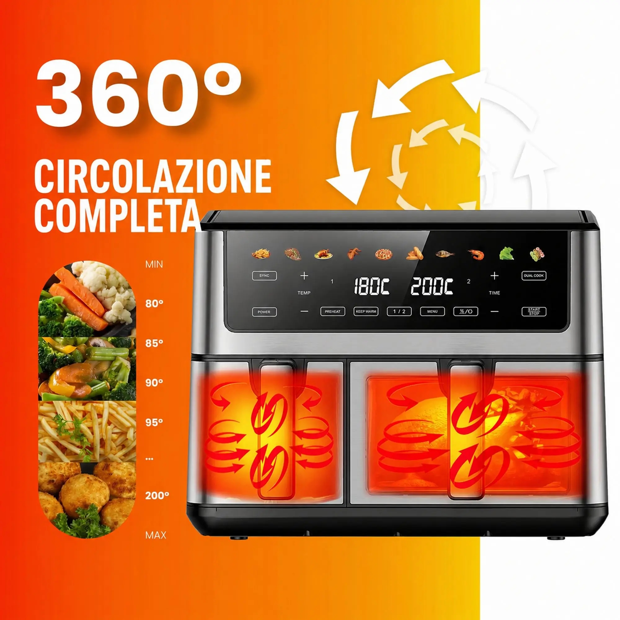 Vista dall'alto dei cestelli aperti della friggitrice Extralink: pollo arrosto con verdure e tre piccoli piatti