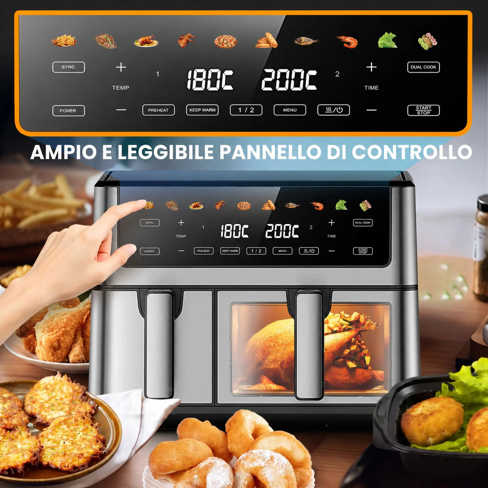 Friggitrice Extralink con doppio cestello, dito che tocca il pannello di controllo e vari piatti ad aria calda