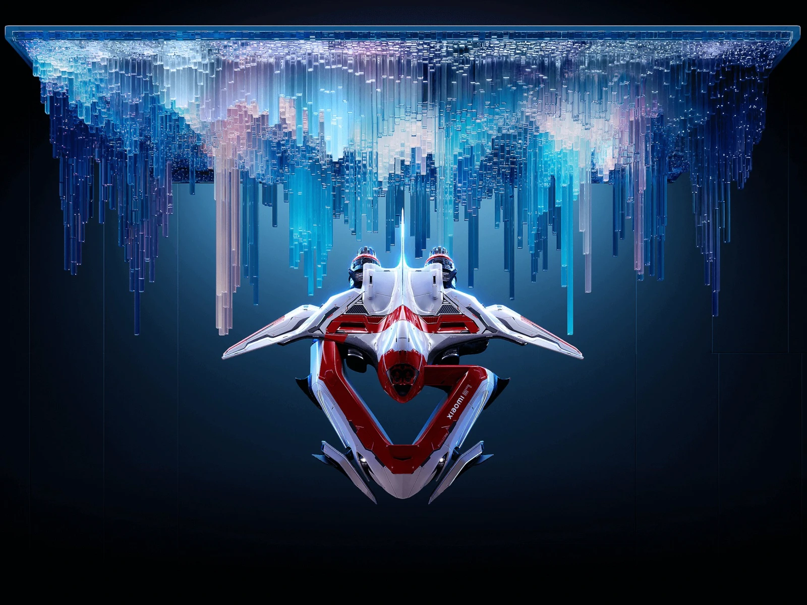 Nave espacial futurista a emergir de estruturas geométricas abstratas em tons de azul