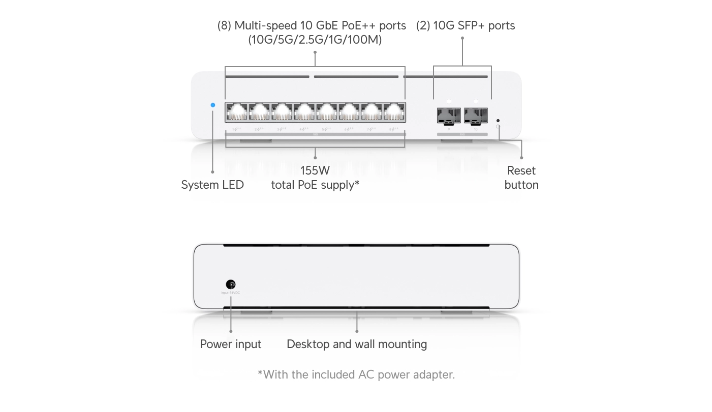 Ubiquiti USW-Pro-XG-8-PoE | Switch | Etherlighting, 8x RJ45 10GbE PoE, 2x SFP , 155W, Layer 3