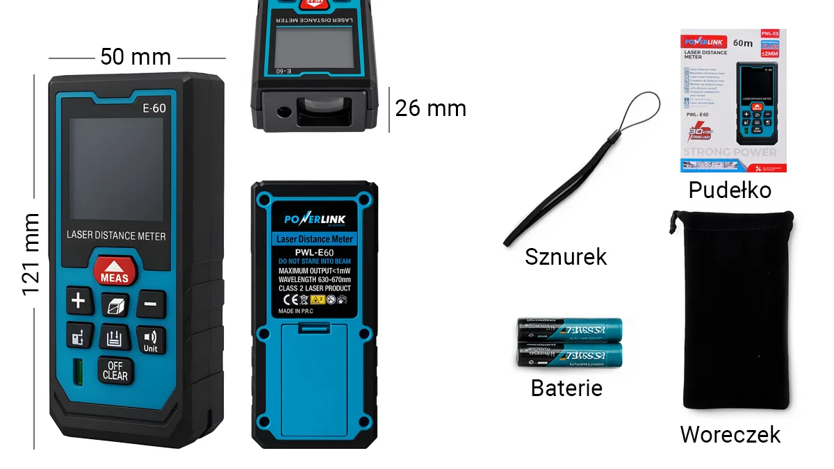 Powerlink by Extralink | Medidor de distancia láser | 60m PWL-ES-60 Contenido del set