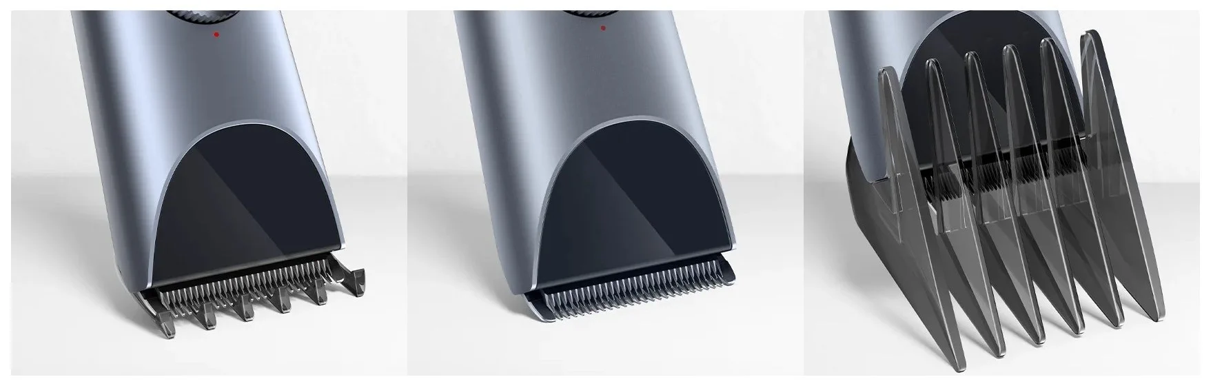 Trzy zbliżenia: maszynka xiaomi hair clipper 2 z nasadką, maszynka z ostrzem oraz przezroczysta nasadka grzebieniowa