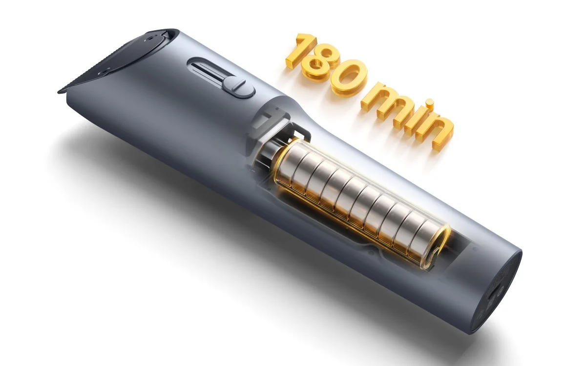 Przekrój maszynki xiaomi hair clipper 2 ukazujący akumulator oraz złoty napis