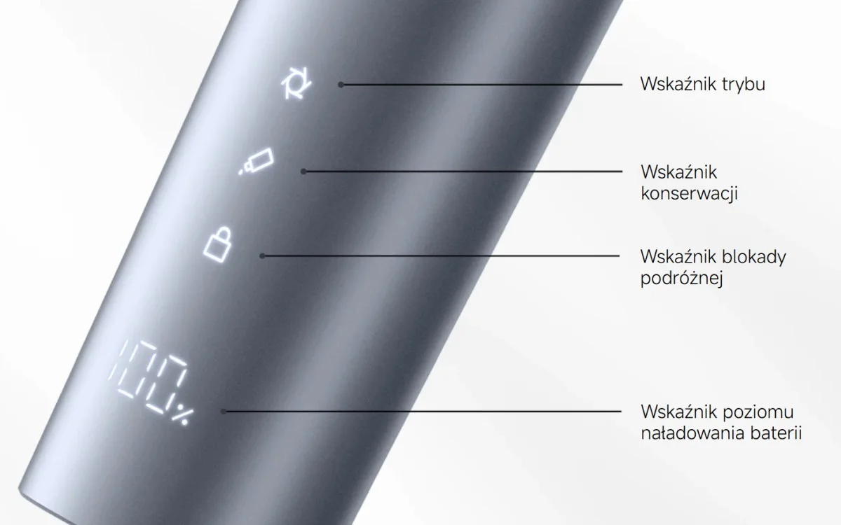 Wyświetlacz maszynki xiaomi hair clipper 2 z ikonami: tryb, konserwacja, blokada podróżna oraz cyfrowy wskaźnik naładowania baterii