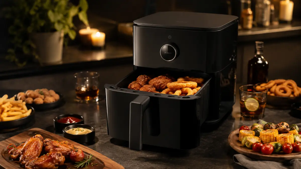 Fritadeira sem óleo preta com snacks no cesto aberto sobre a bancada da cozinha