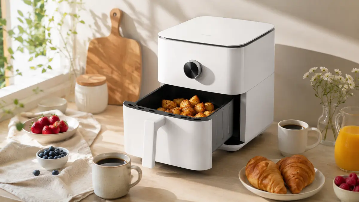 Fritadeira sem óleo branca com batatas assadas, ao lado café, frutas e croissants