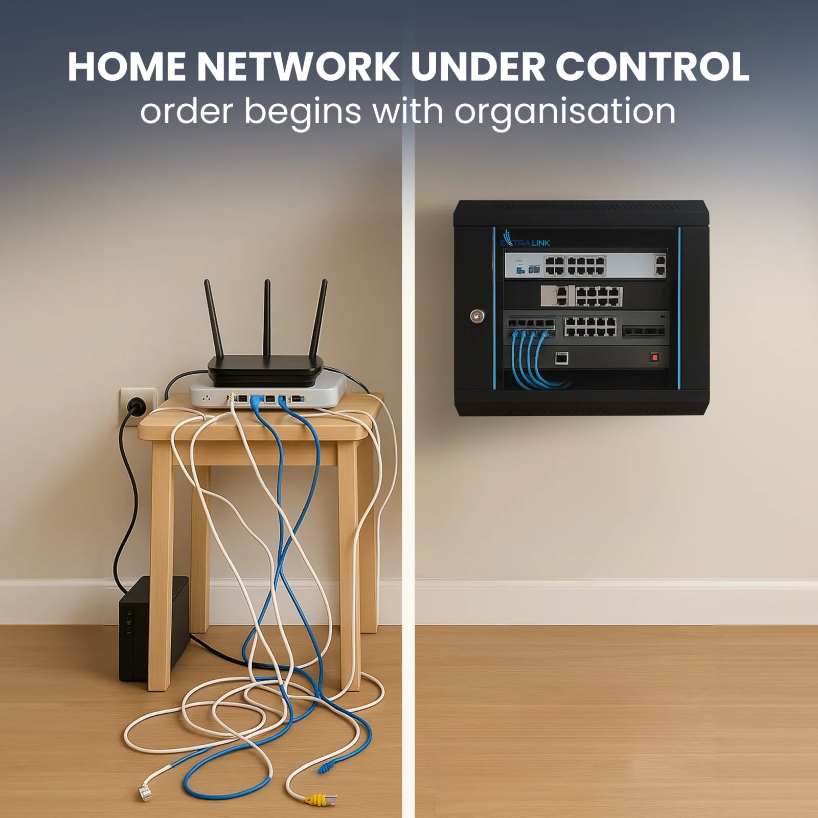 Dispositivos de red sobre un taburete (router, cables) y organizados en un armario negro Extralink 4U en la pared.
