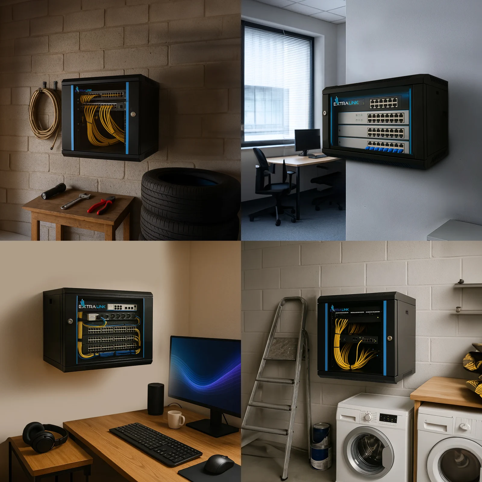 Cuatro tomas de un armario Extralink 4U negro instalado en diferentes estancias: garaje, despacho, habitaci&oacute;n y lavadero.