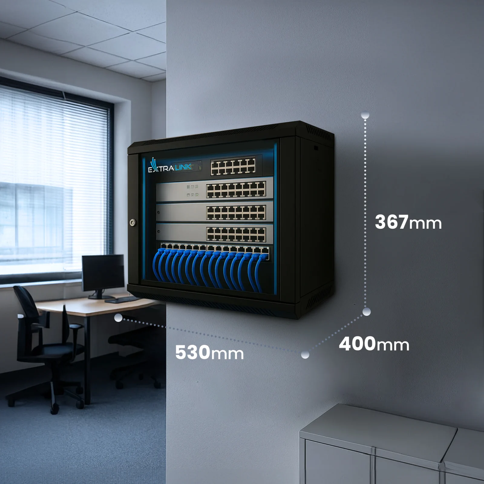 Armario RACK 6U Extralink Lite, montado en la pared de la oficina, con dimensiones visibles