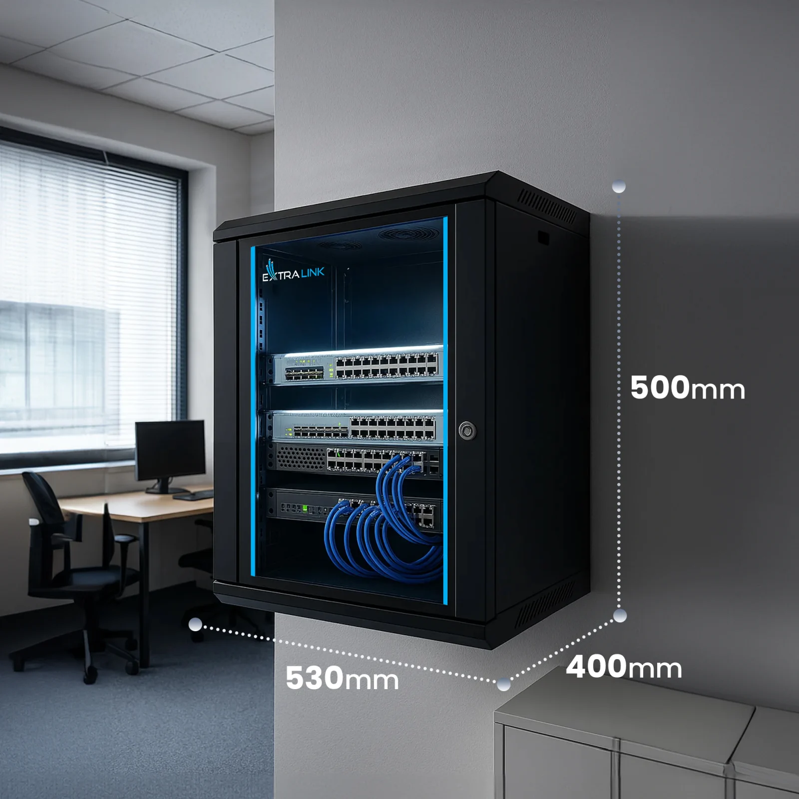 Armario RACK 9U Extralink Lite, montado en la pared de la oficina, con dimensiones visibles