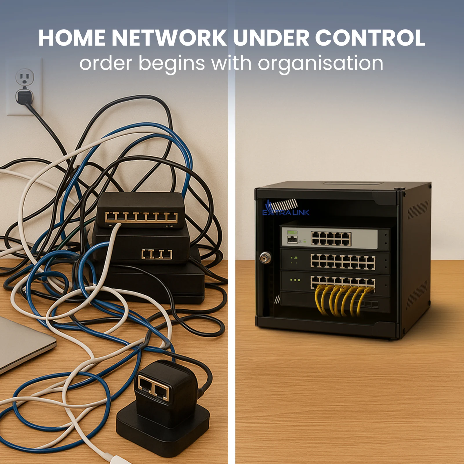 Comparação de cabos e equipamento de rede organizados com uma instalação limpa num armário Extralink Lite 6U RACK