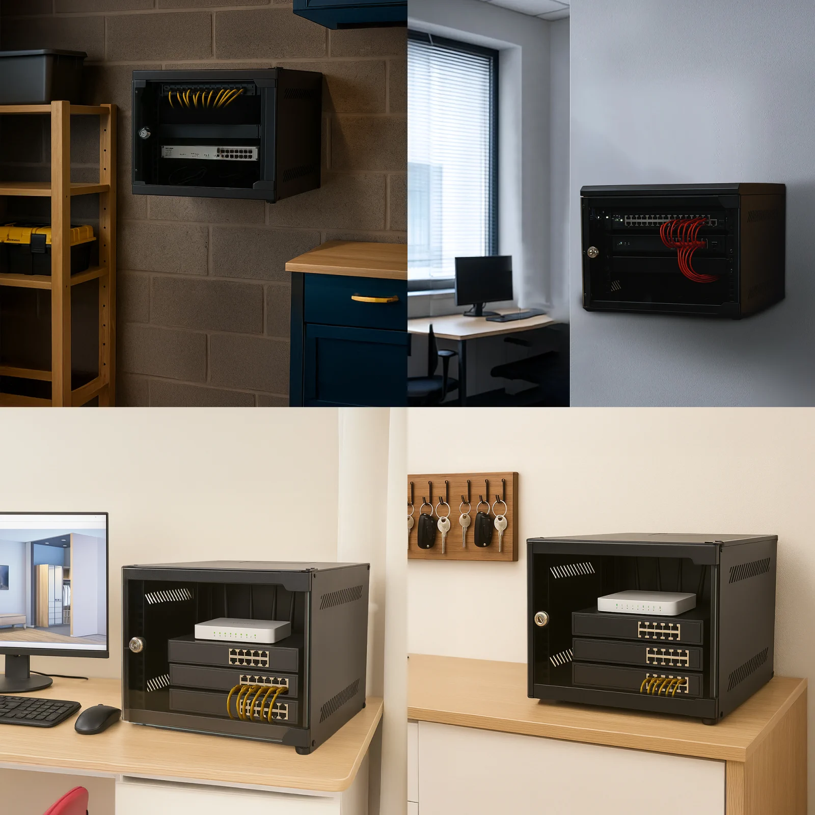 Armário Extralink Lite 6U RACK em quatro cenários de montagem diferentes: numa parede de tijolo, escritório e secretárias