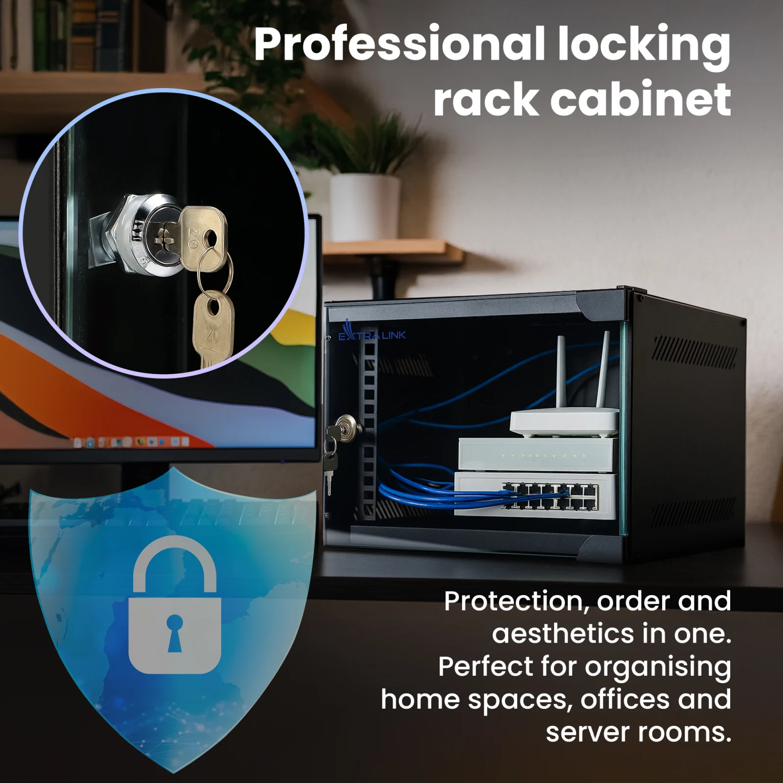 Armário RACK 4U Extralink Lite com dispositivos no interior e fechadura de aproximação e chaves de segurança