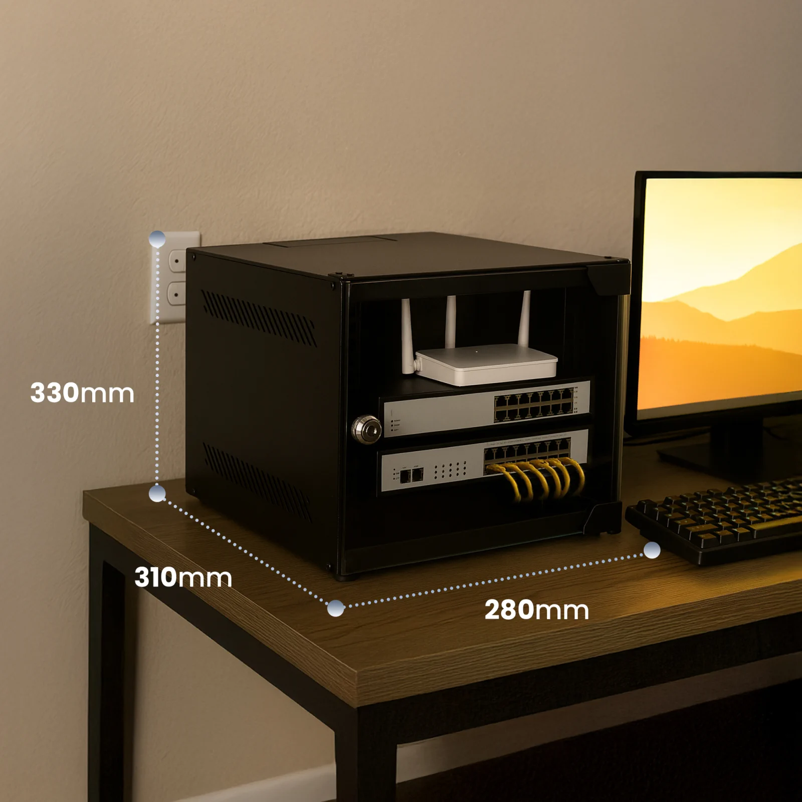 Rack de secret&aacute;ria Extralink Lite 6U preto, com dimens&otilde;es marcadas