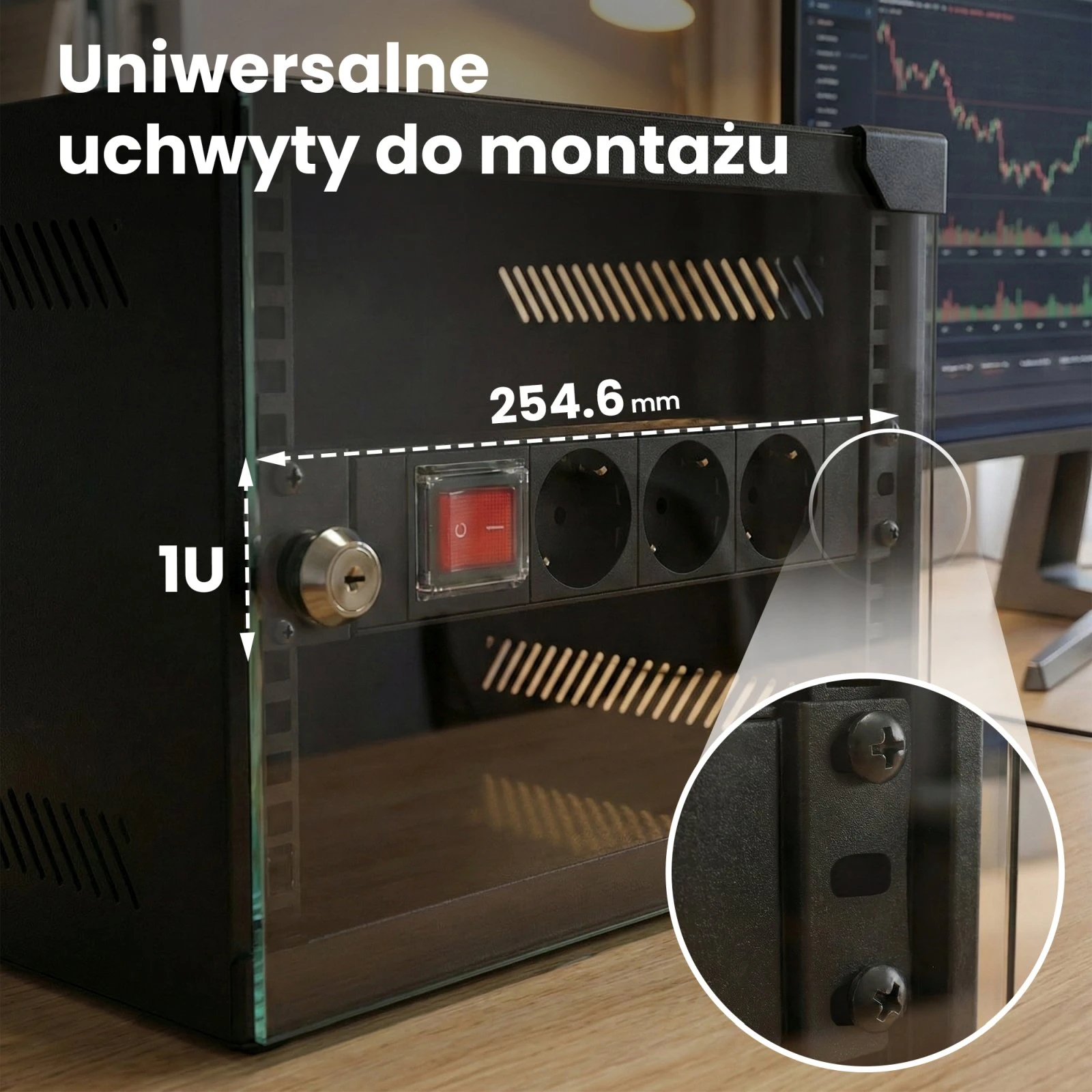 Techniczny schemat montażowy listwy PDU z zaznaczonym wymiarem 254,6 mm oraz wysokością 1U.