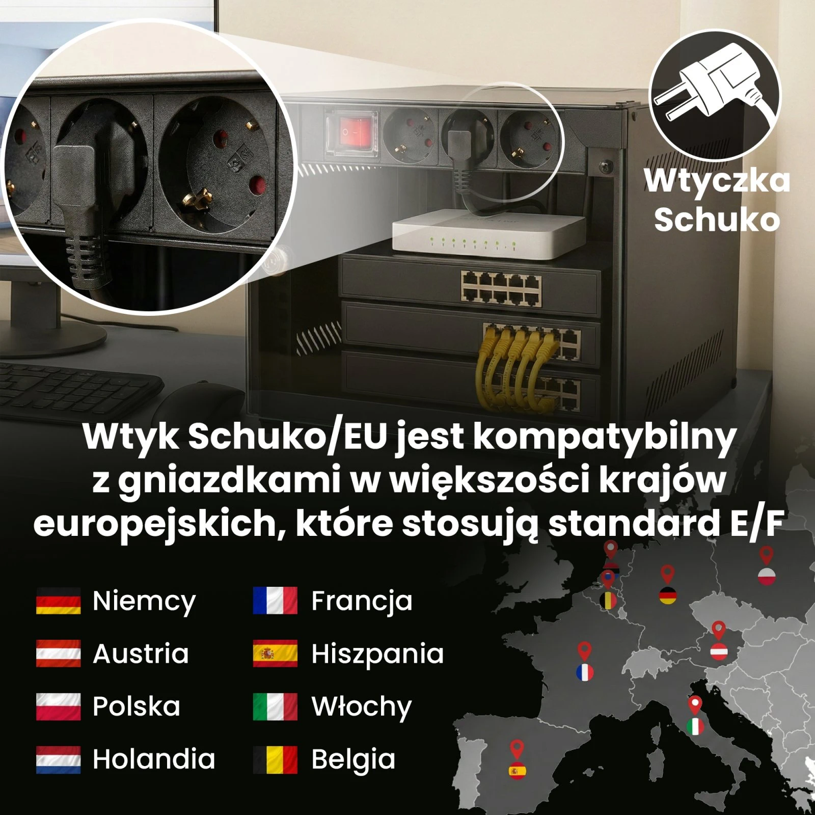 Zbliżenie na gniazda typu E i F z podłączonym przewodem zasilającym wewnątrz szafy serwerowej.