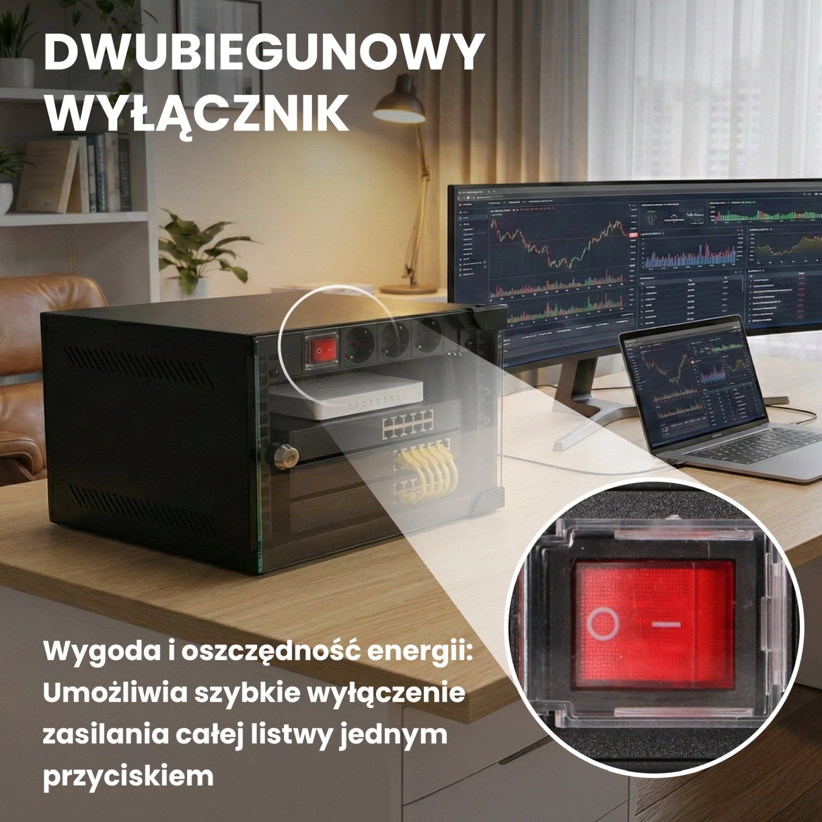 Podświetlany na czerwono przełącznik kołyskowy z osłoną przeciwprzypadkowemu użyciu.