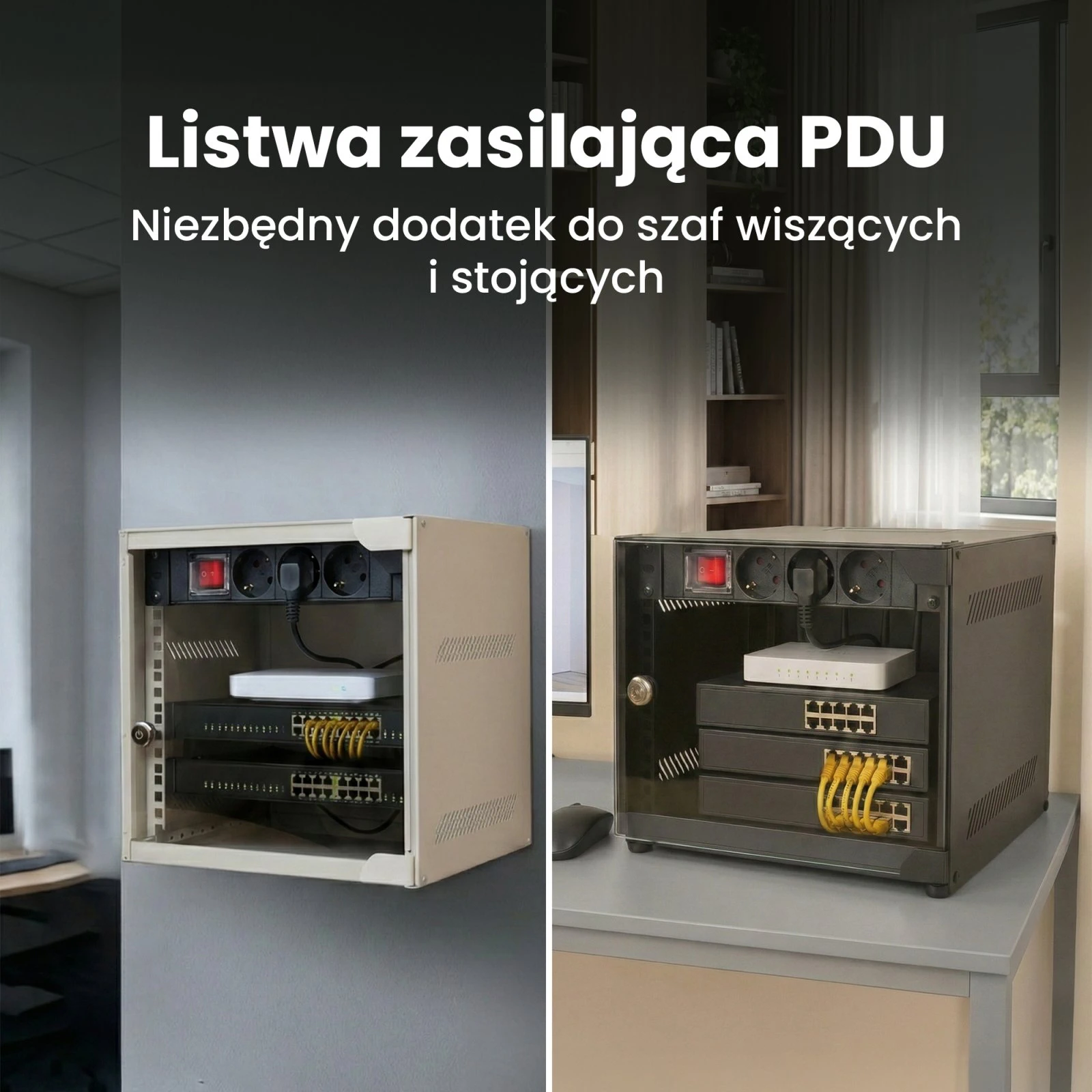 Dwie szafy rack 10 cali w kolorze jasnym i ciemnym z zamontowanymi listwami zasilającymi PDU.