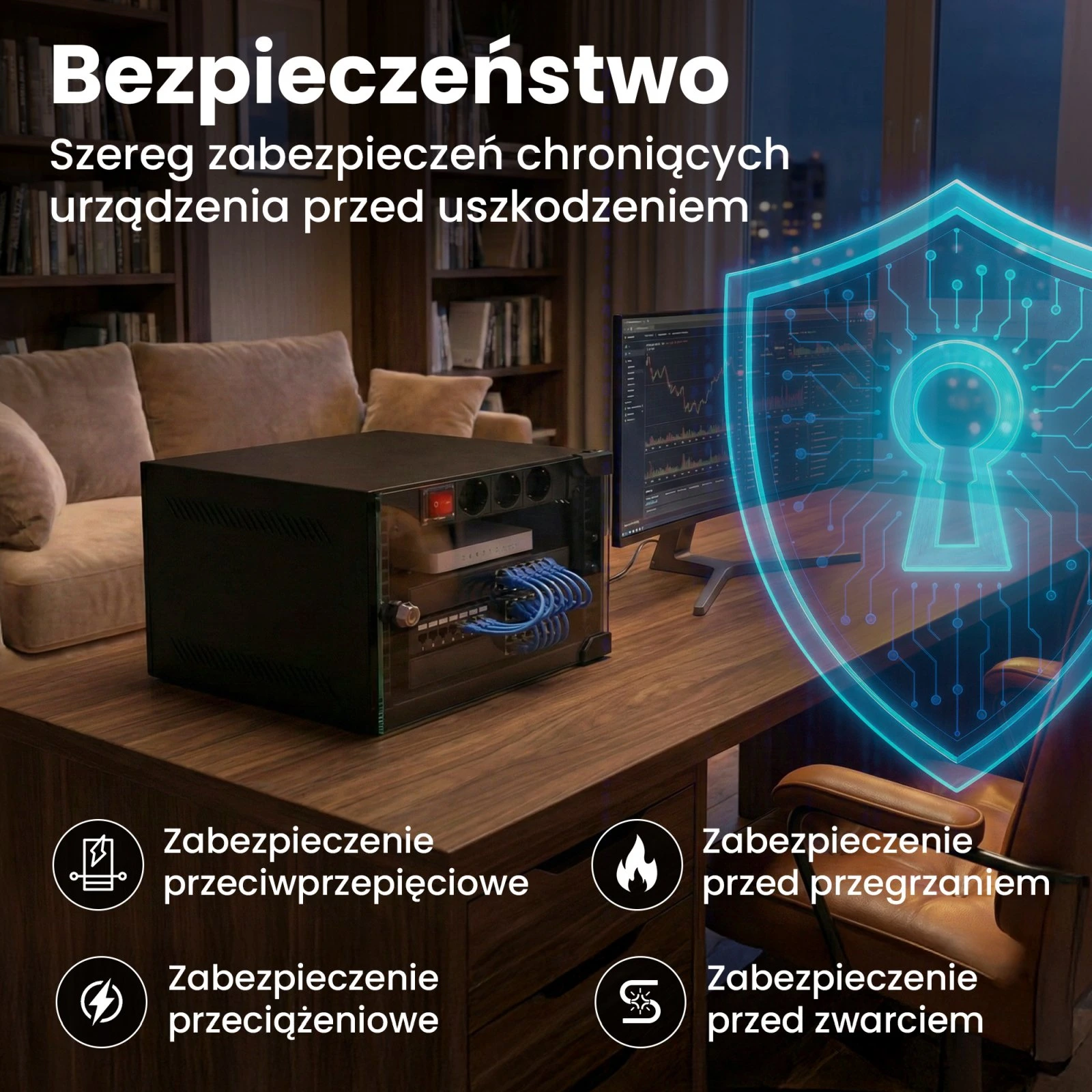 Graficzna ikona tarczy z symbolem kłódki i obwodów elektrycznych symbolizująca ochronę sprzętu IT.