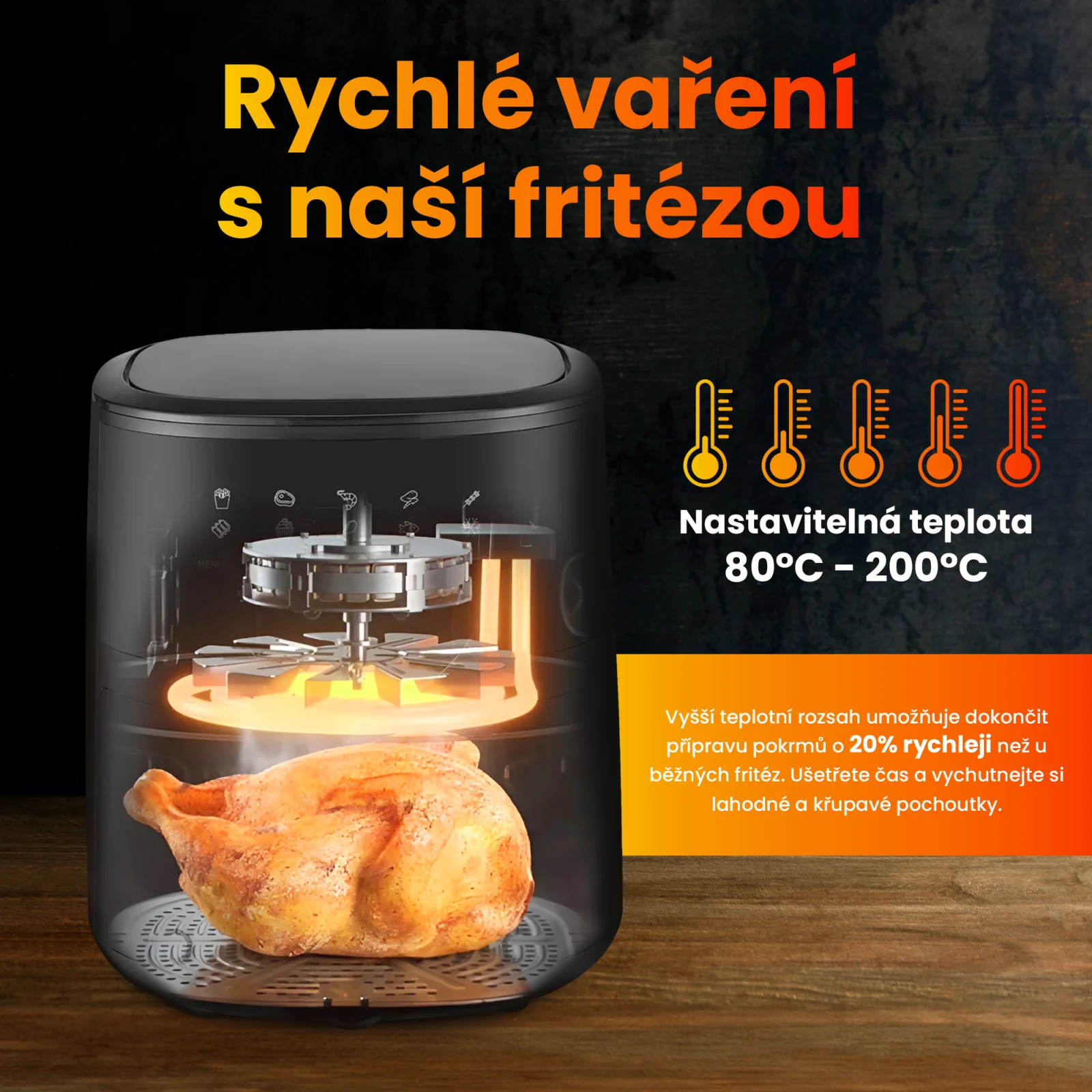 vizualizace vnitřního prostoru fritézy extralink během pečení kuřete, viditelná topná tělesa.