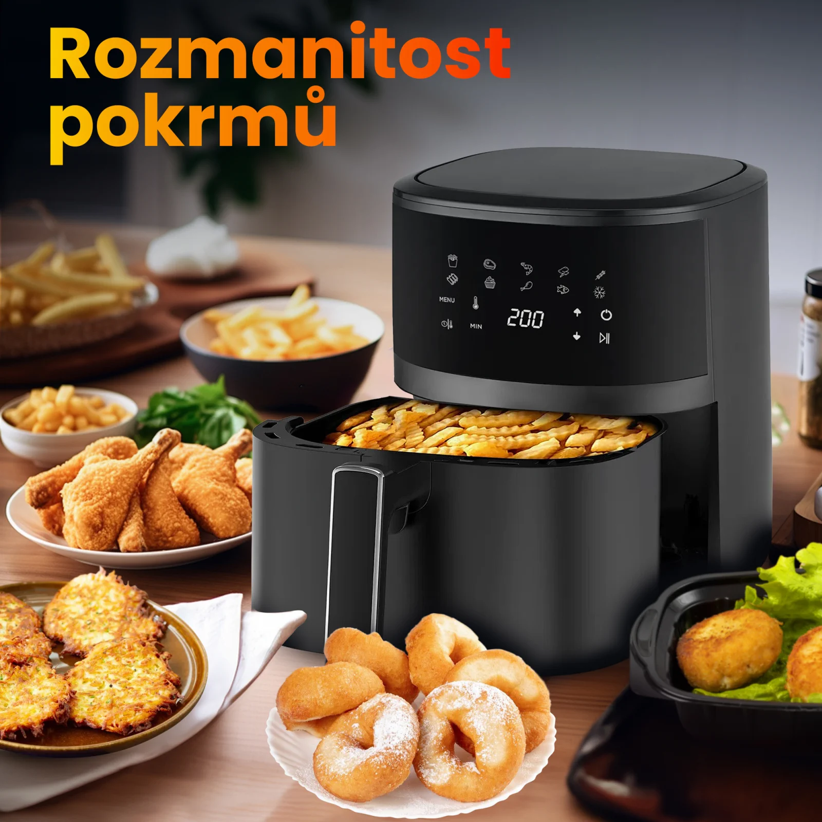 frit&eacute;za extralink sj-420 s v&yacute;suvnou z&aacute;suvkou, př&iacute;klady n&aacute;dob&iacute; a pokrmů jsou vidět vedle n&iacute;