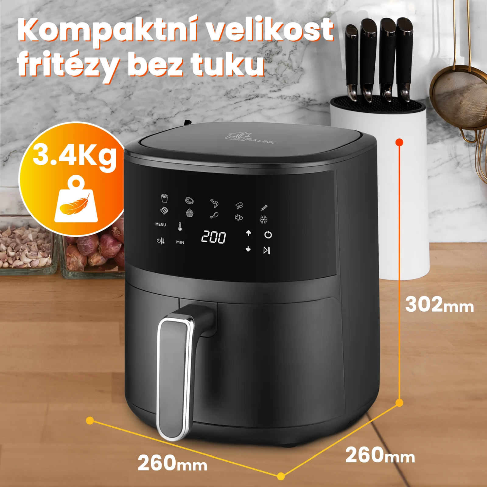 pohled na frit&eacute;zu extralink sj-420 zepředu s vyznačen&yacute;mi rozměry a hmotnost&iacute;