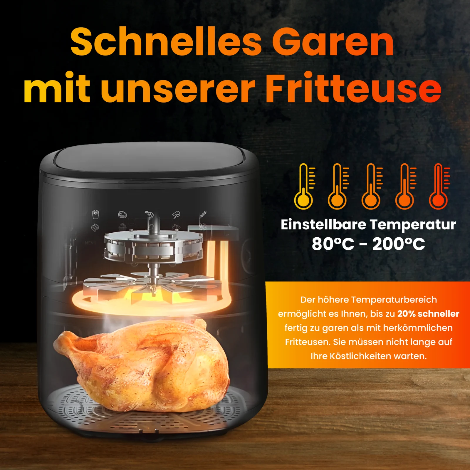 Visualisierung des Innenraums der Extralink-Fritteuse während des Garens der Hähnchen, sichtbare Heizelemente