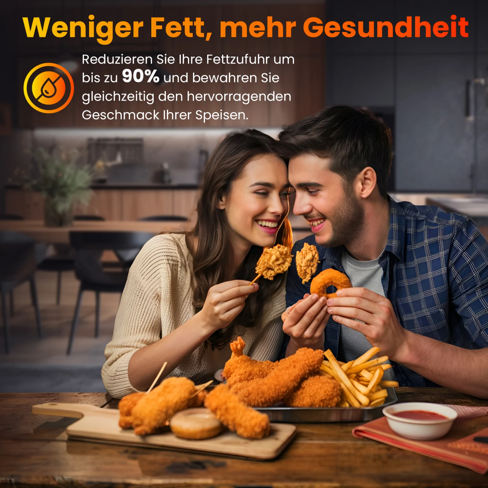 ein l&auml;chelndes Paar genie&szlig;t eine gemeinsame Mahlzeit, die in einer extralink sj-420 Friteuse zubereitet wurde