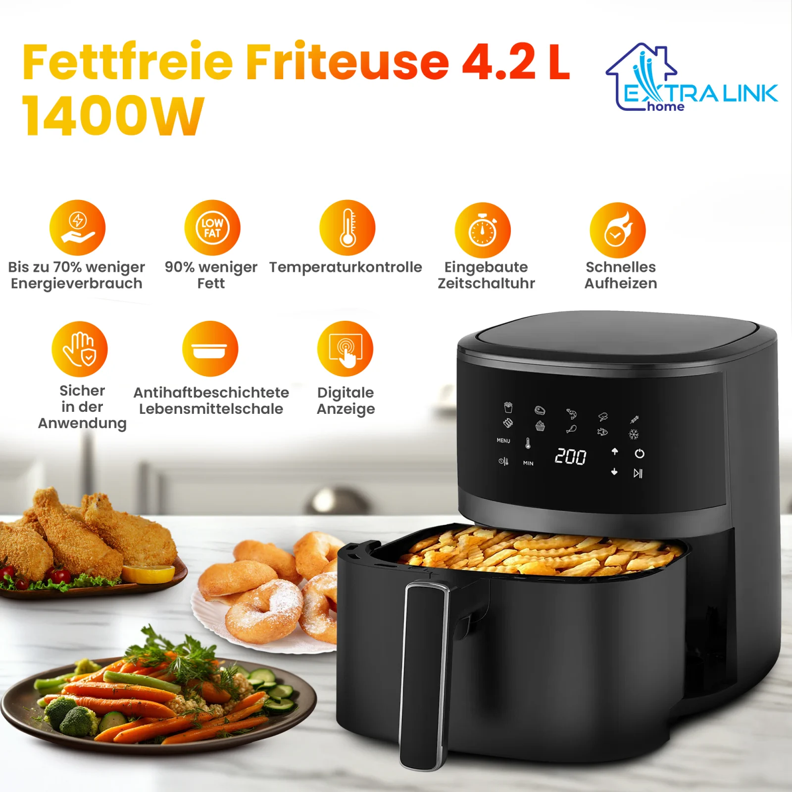 schwarze extralink sj-420 friteuse mit einer ausziehbaren schublade in der mitte der friteuse, steht auf der theke neben drei tellern mit geschirr