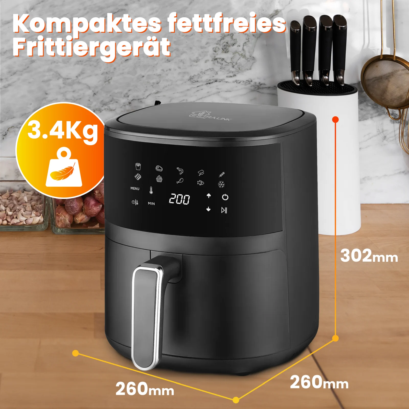 extralink sj-420 friteuse frontansicht mit abmessungen und gewichtsangabe