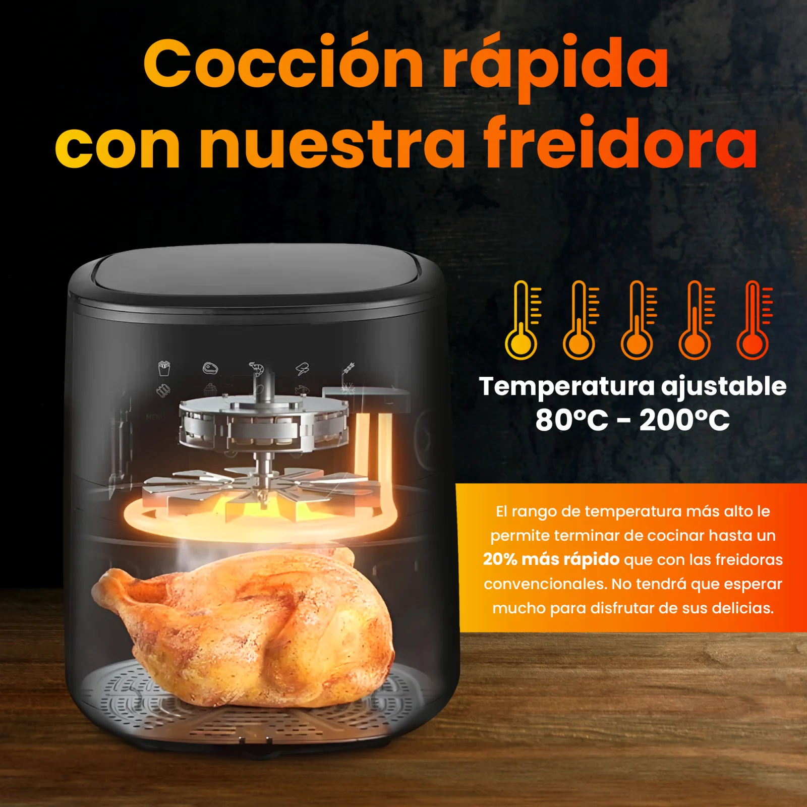 visualización del interior de la freidora extralink durante la cocción del pollo, elementos calefactores visibles