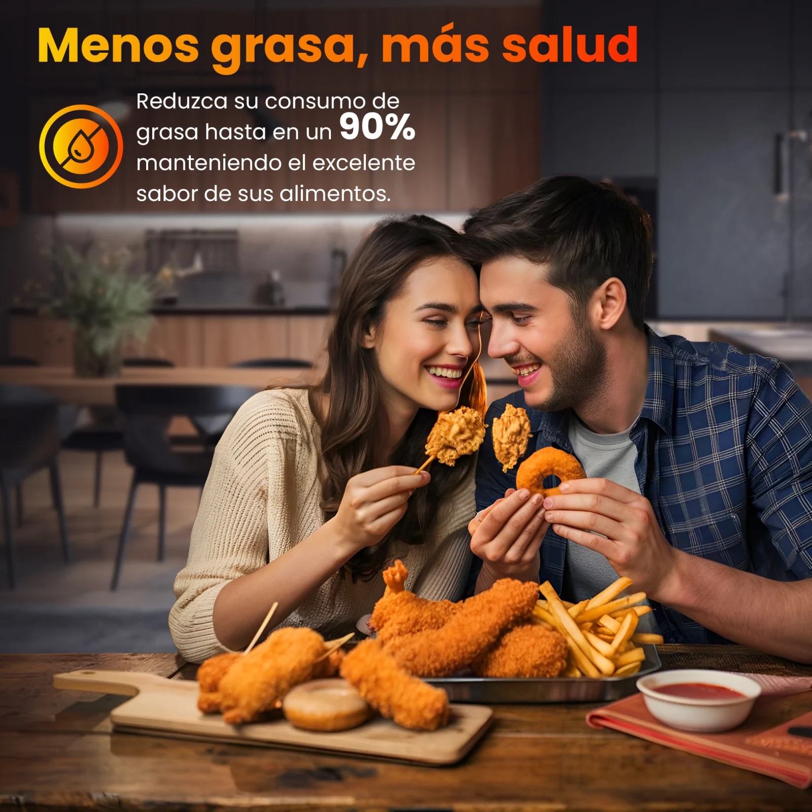 pareja sonriente disfrutando juntos de una comida preparada en freidora extralink sj-420