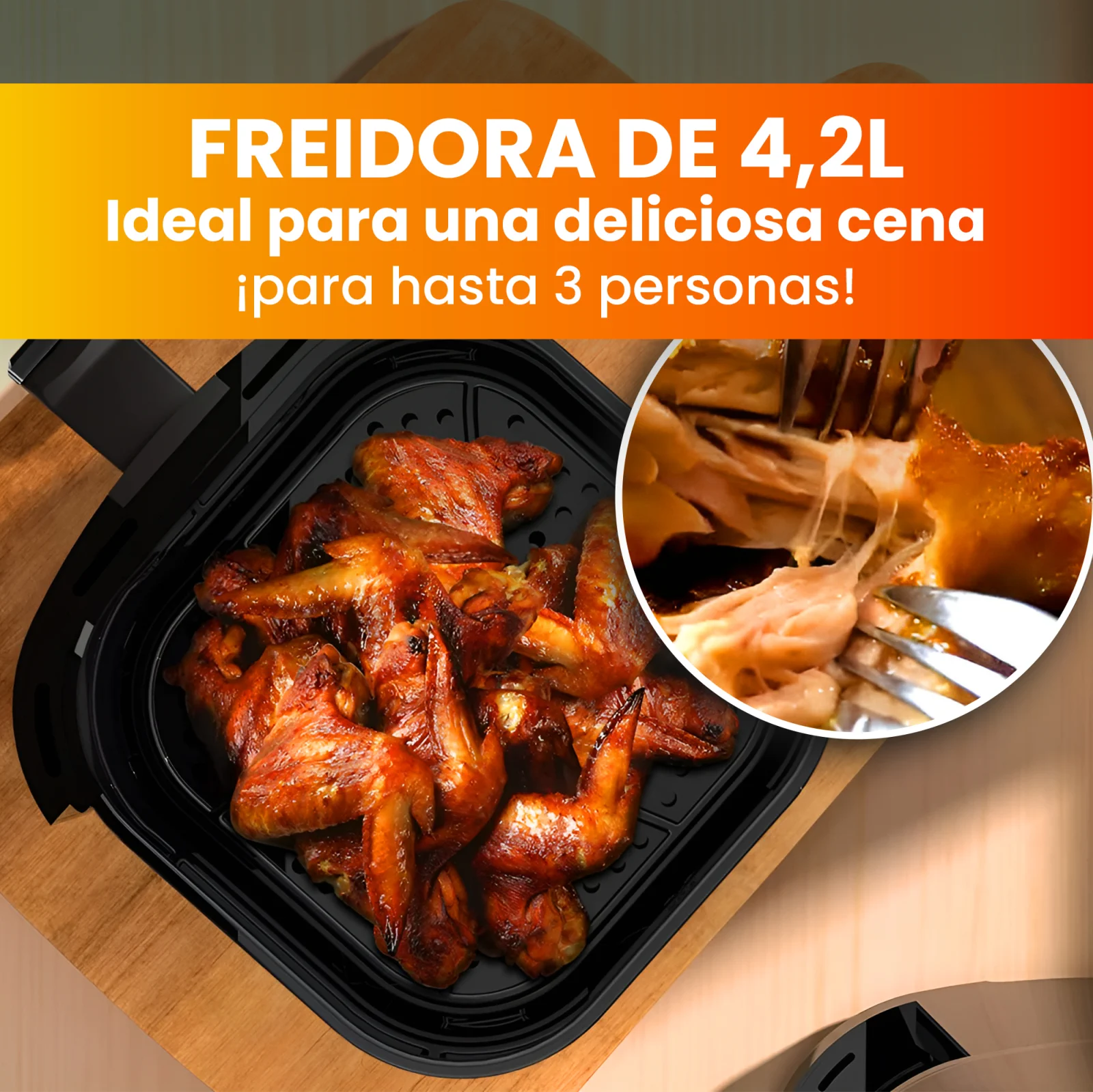 vista superior del cajón de la freidora sj-420 con alitas de pollo asadas