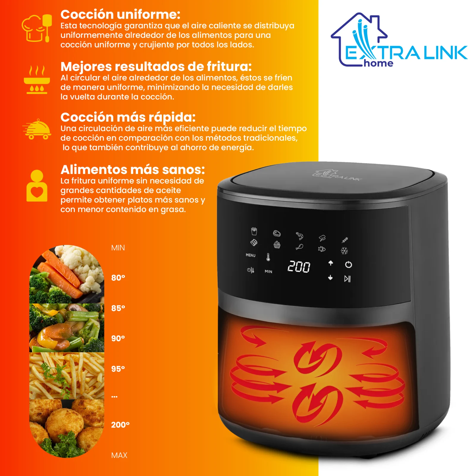 freidora extralink sj-420 vista frontal del panel de control y visualización del movimiento del aire caliente