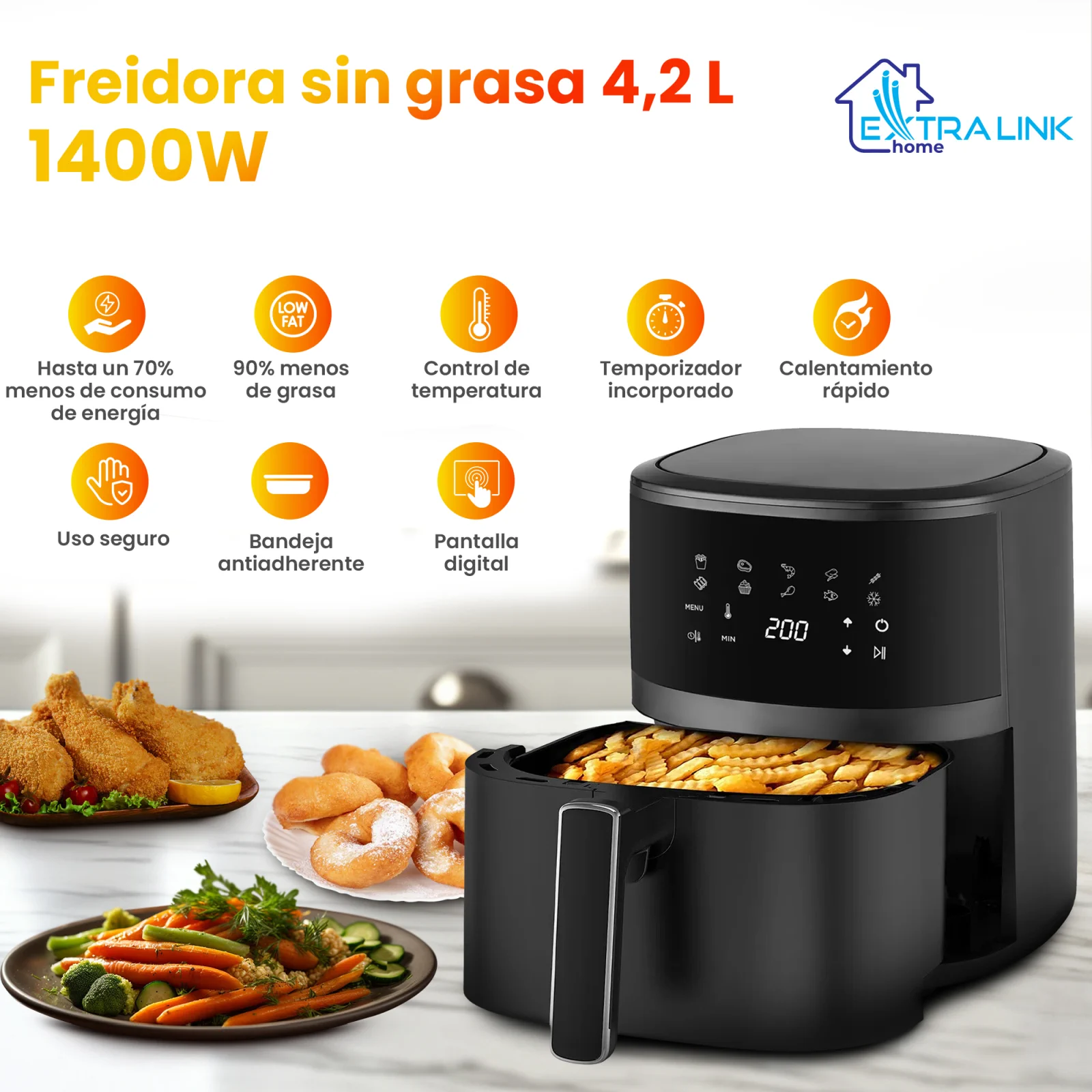 freidora extralink sj-420 negra con cajon extraible en el centro de la freidora, se coloca en la encimera junto a tres platos de vajilla