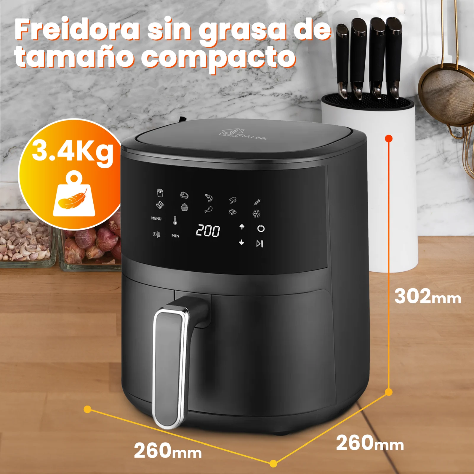 extralink sj-420 freidora vista frontal con dimensiones y peso marcados