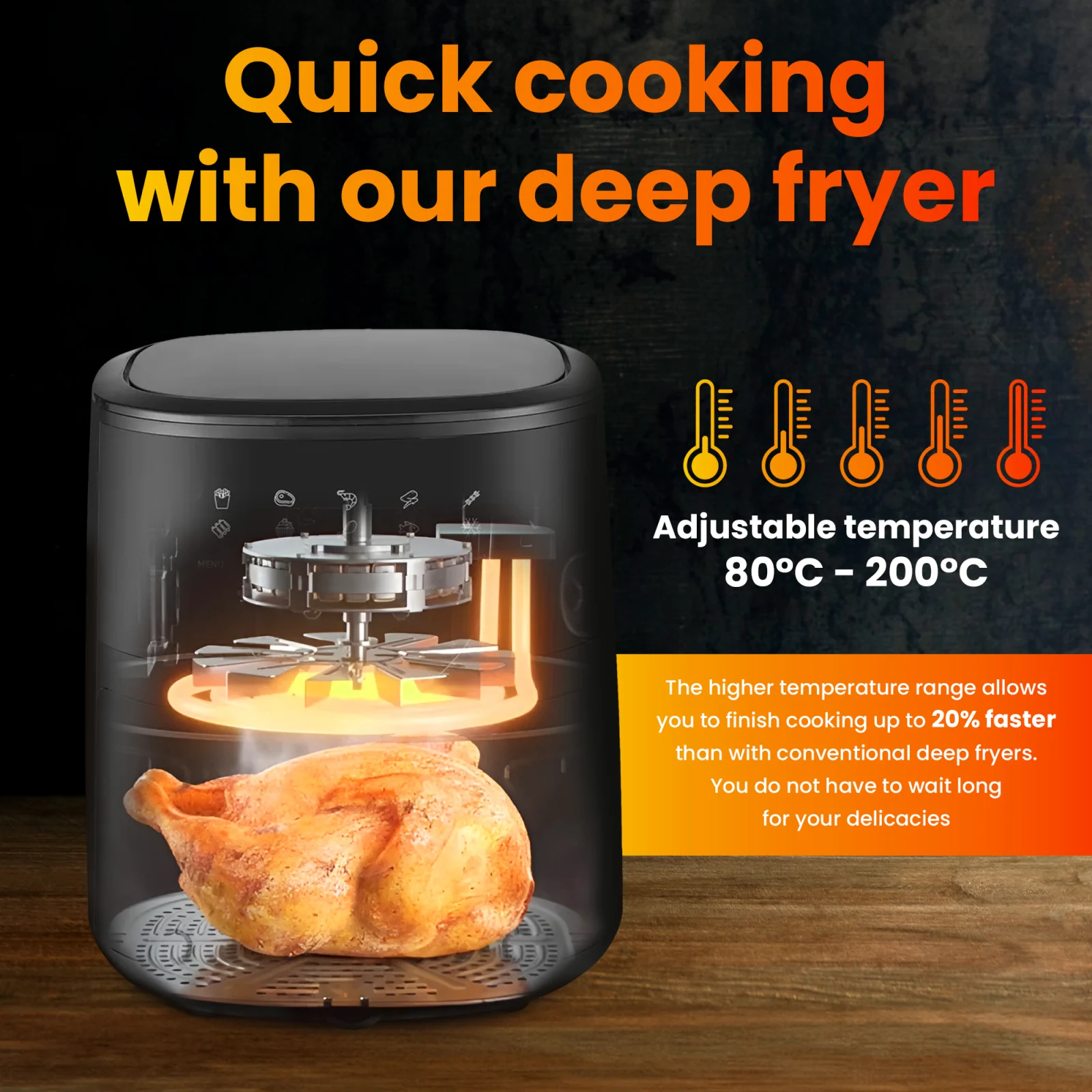 visualización del interior de la freidora extralink durante la cocción del pollo, elementos calefactores visibles