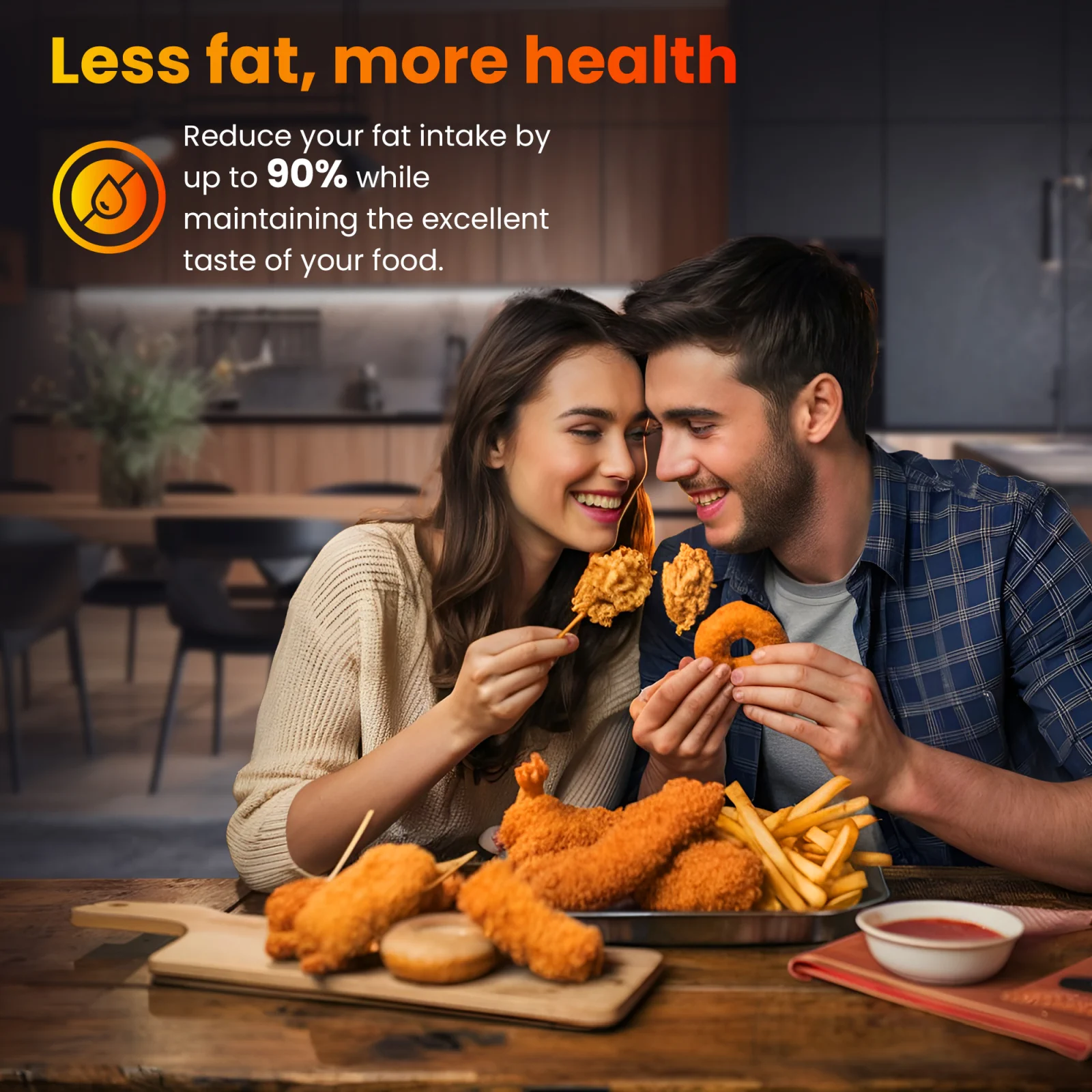 pareja sonriente disfrutando juntos de una comida preparada en freidora extralink sj-420