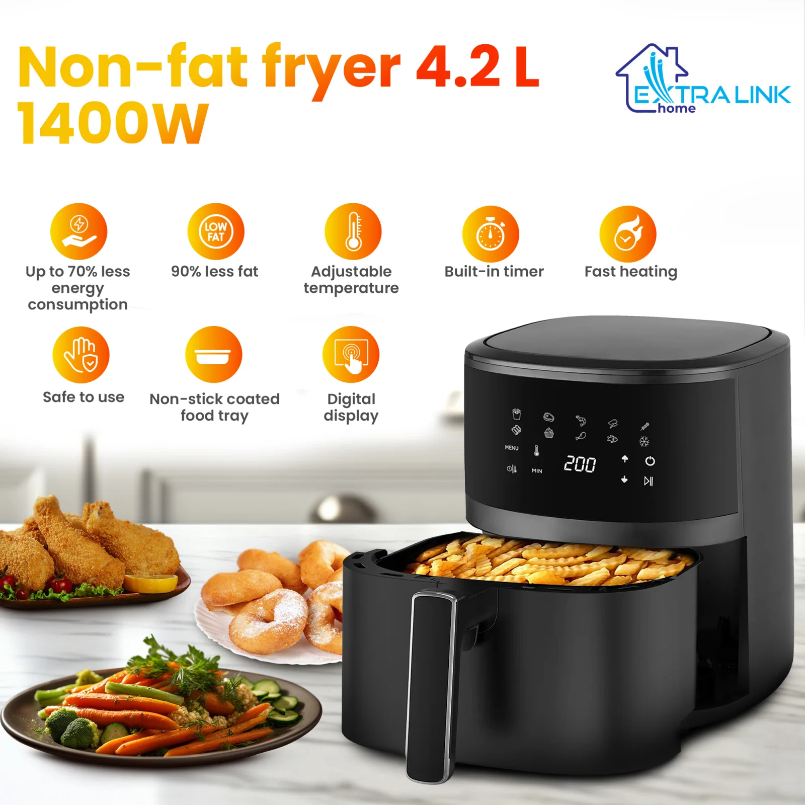 freidora extralink sj-420 negra con cajon extraible en el centro de la freidora, se coloca en la encimera junto a tres platos de vajilla