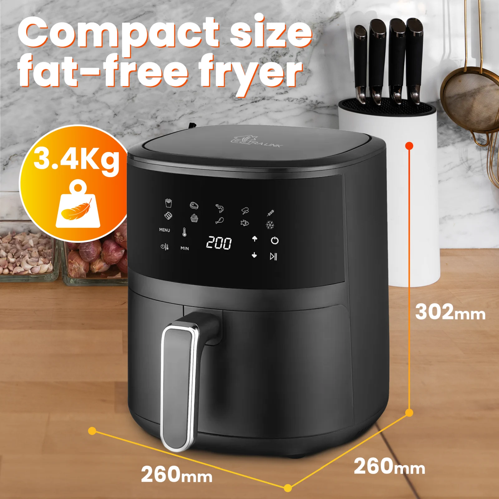 extralink sj-420 freidora vista frontal con dimensiones y peso marcados