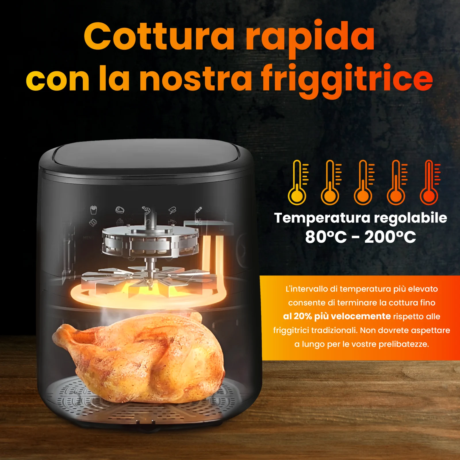visualizzazione dell'interno della friggitrice extralink durante la cottura del pollo, elementi di riscaldamento visibili