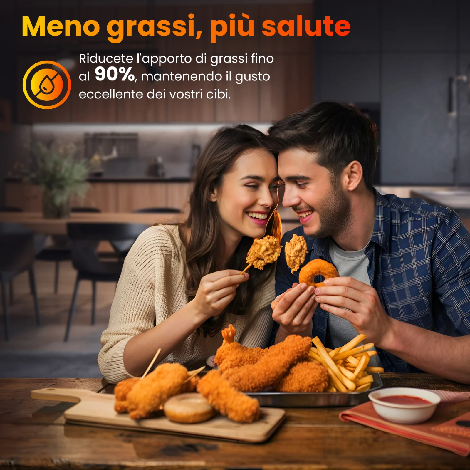 Coppia sorridente che si gode un pasto insieme preparato nella friggitrice extralink sj-420