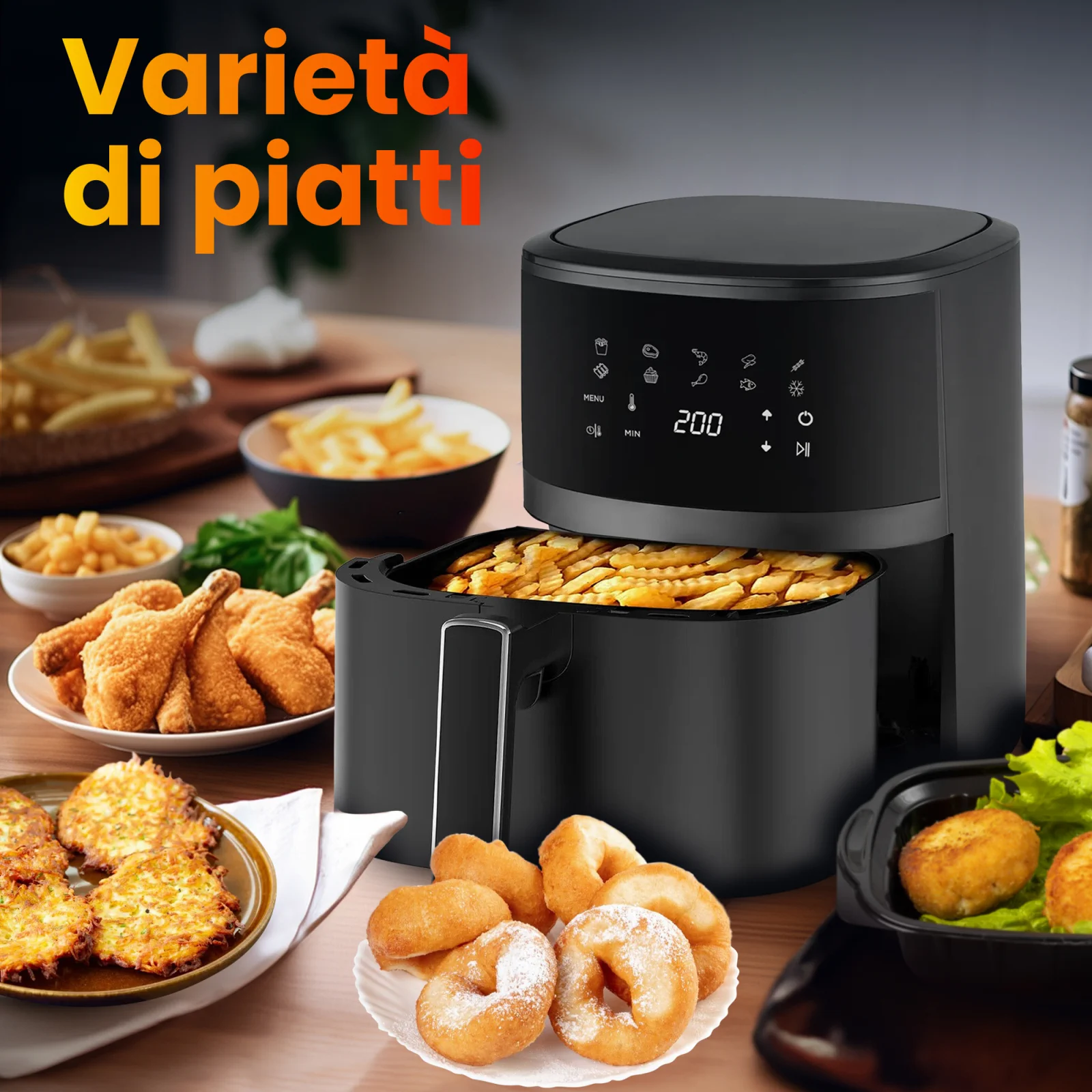 friggitrice extralink sj-420 con cassetto estraibile, accanto esempi di piatti e stoviglie